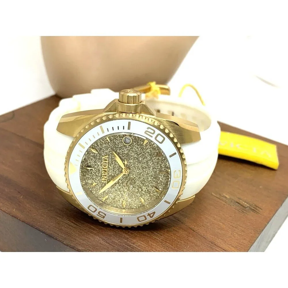 Invicta Women's Watch 22703 Angel Round Analog Date Gold Tone White Rubber Strap